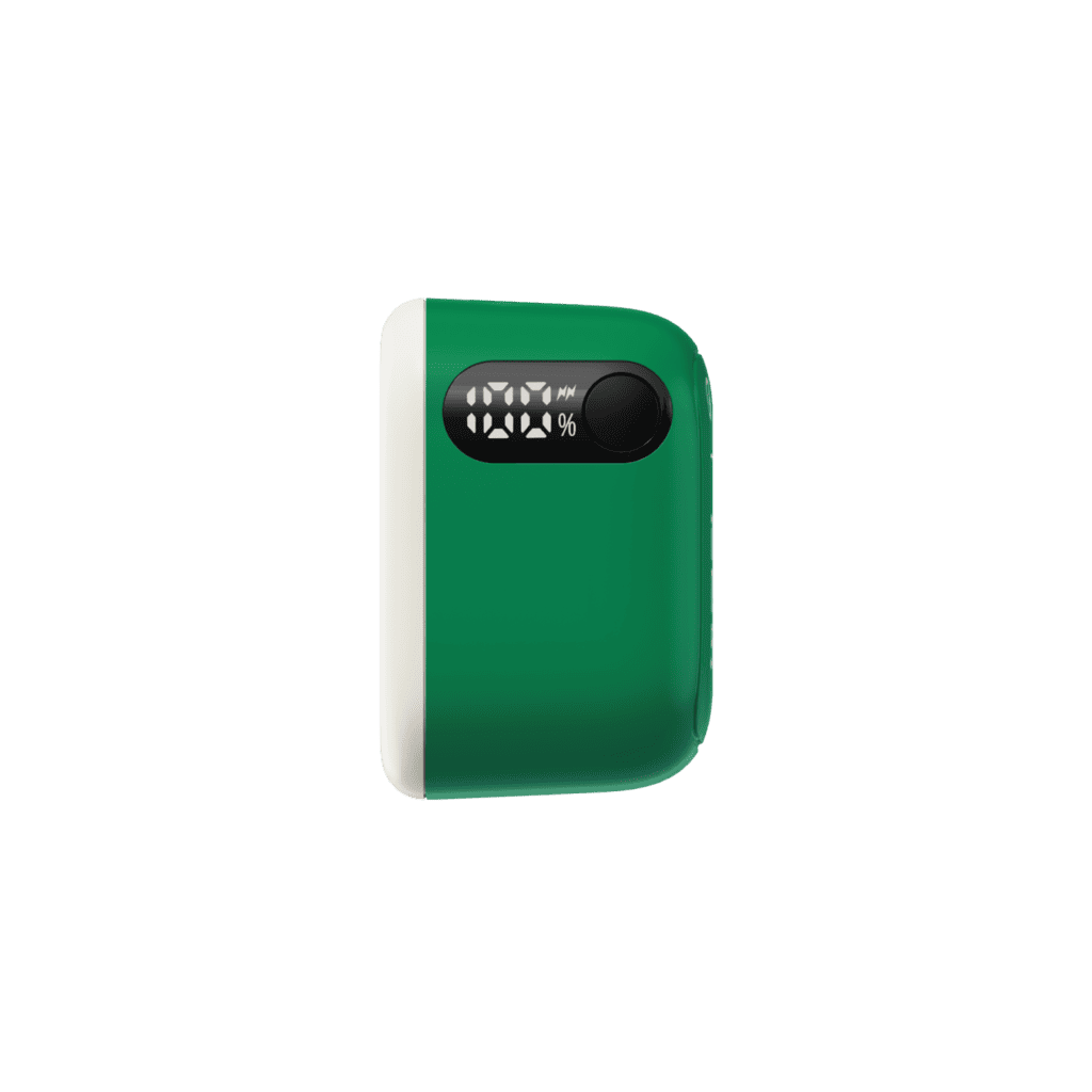 Green power bank with digital display on a transparent background
