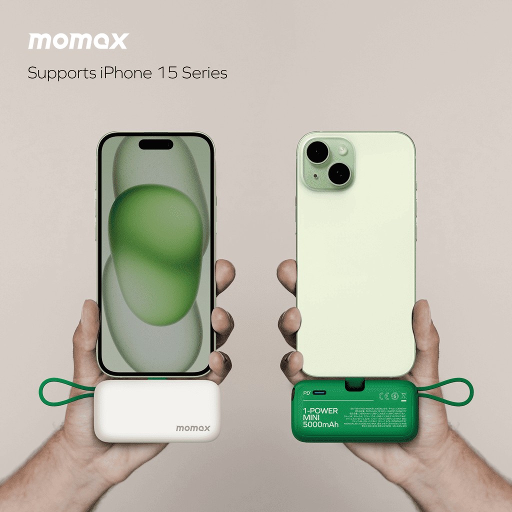 Momax power bank and phone case held by hands with a plain background
