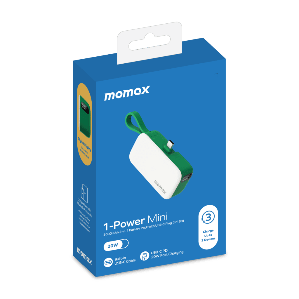 Momox 1-Power Mini power bank packaging on a green background