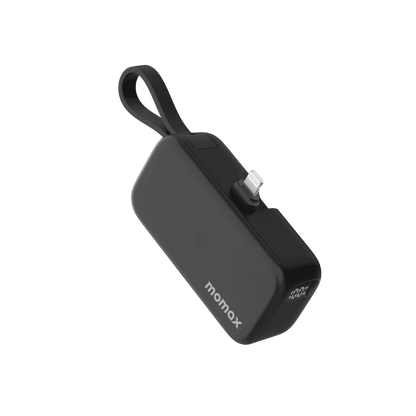 Black power bank with a strap on a transparent background, featuring the Momax brand.