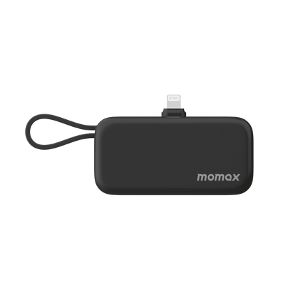 Black power bank with USB-C and Lightning connectors on a green background