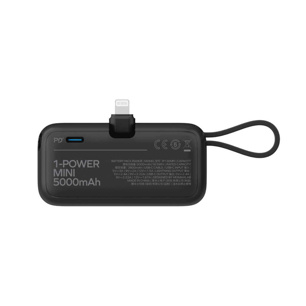 Black power bank with USB-C and Lightning connectors on a green background