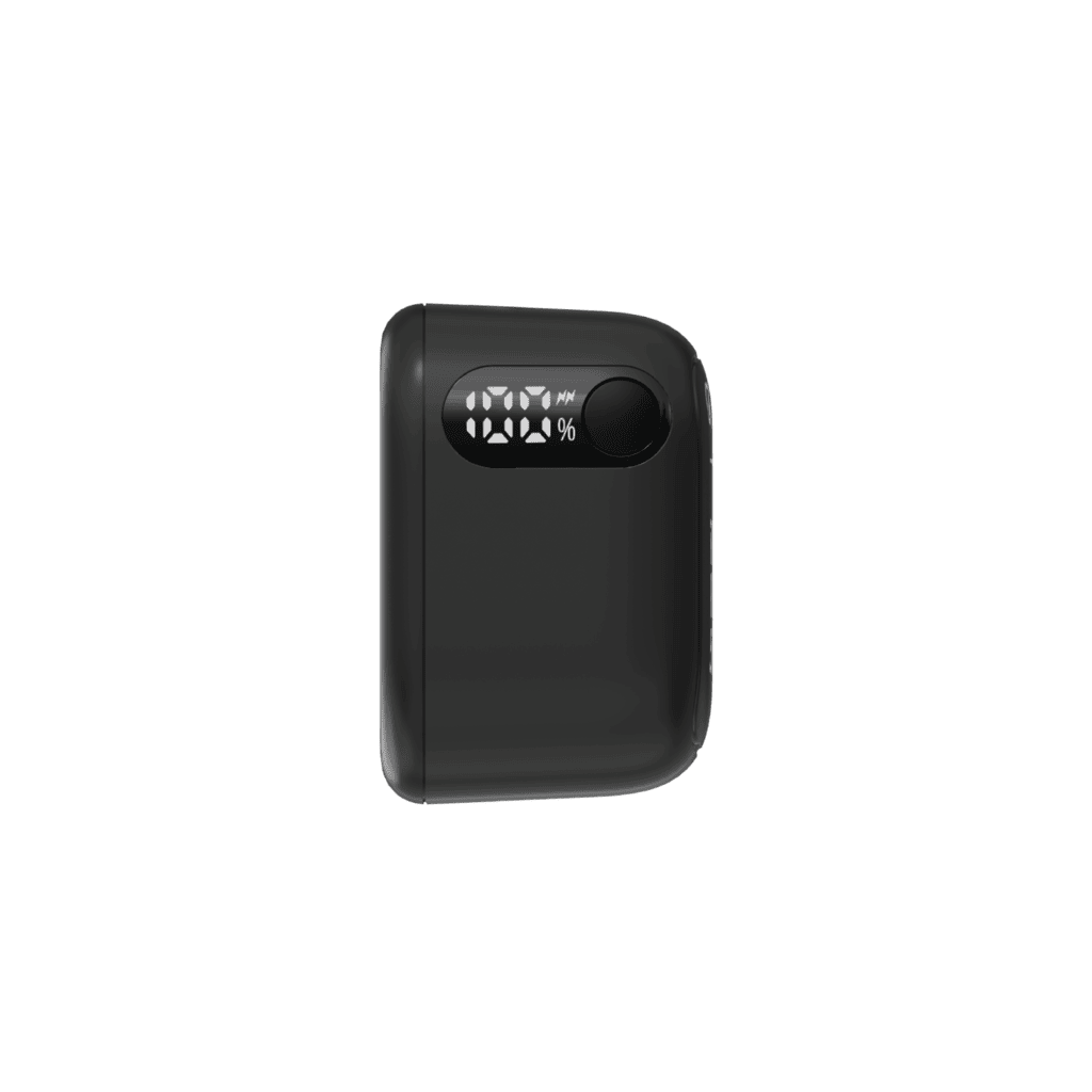 Black power bank with digital display on a white background