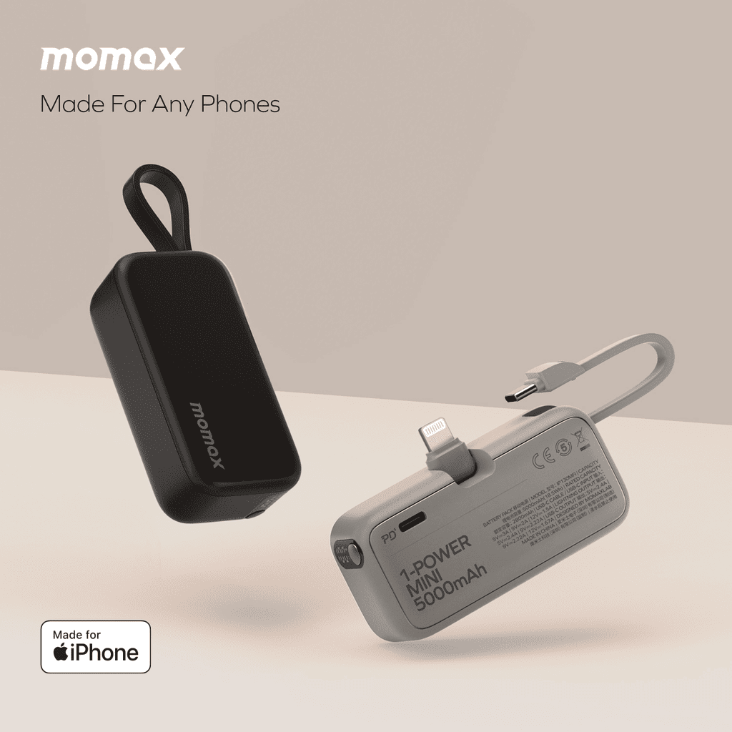Two power banks with 'momax' branding on a light background