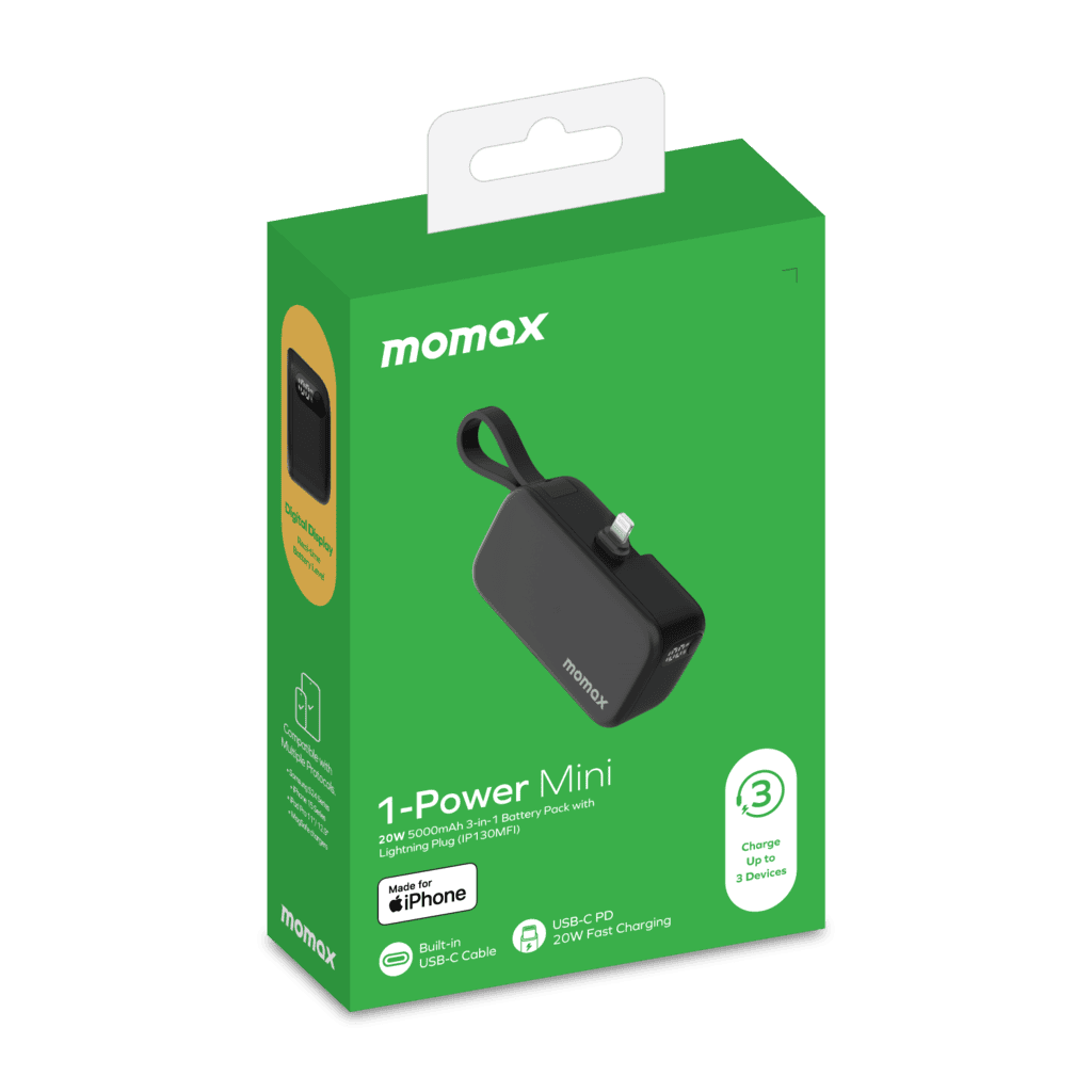 Momox 1-Power Mini packaging on a green background