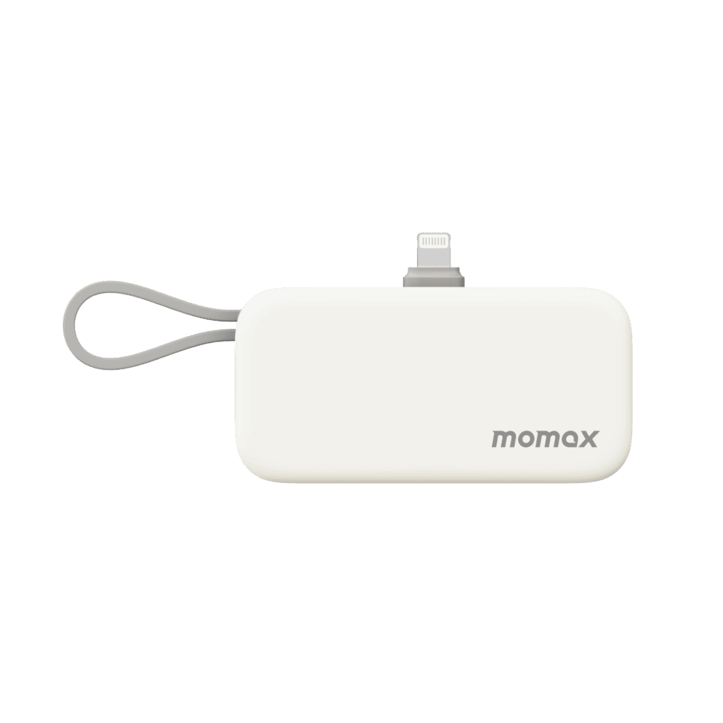White power bank with a strap and 'momax' branding on a green background