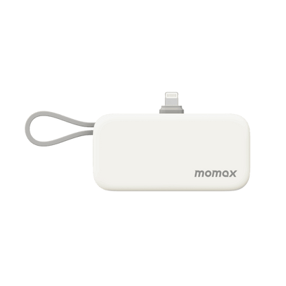 White power bank with a strap and 'momax' branding on a green background