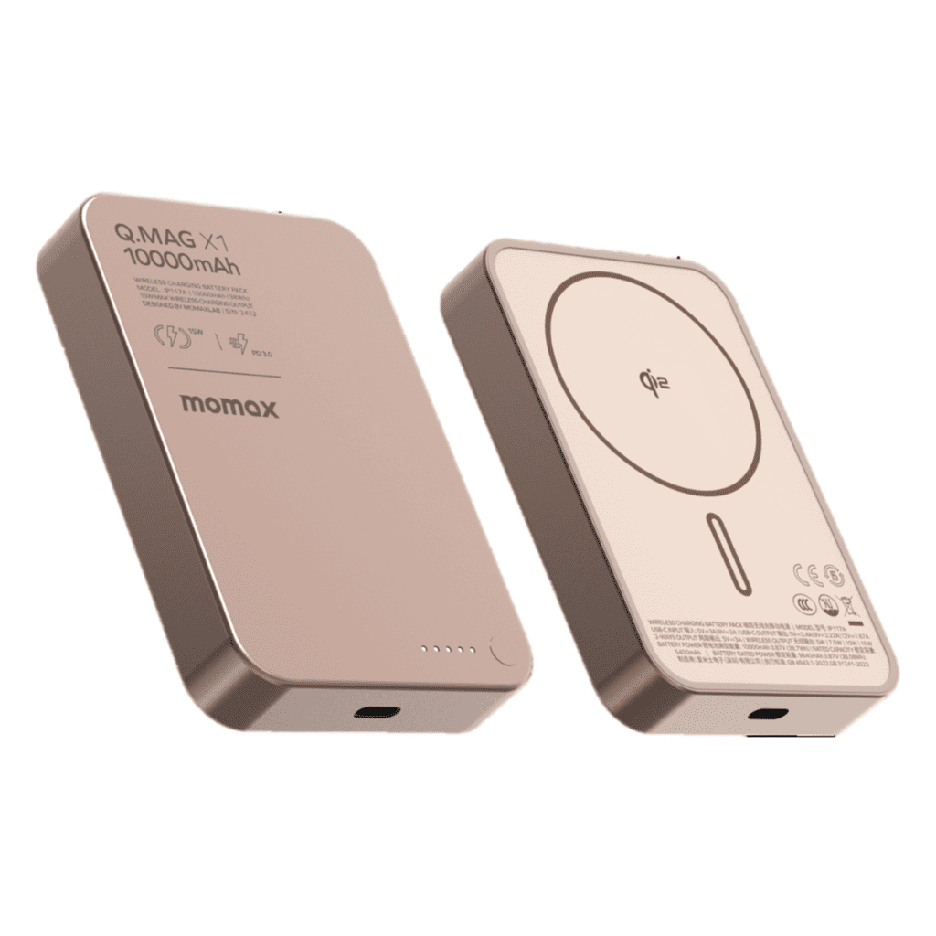 Two rose gold power banks with 'momax' branding on a white background