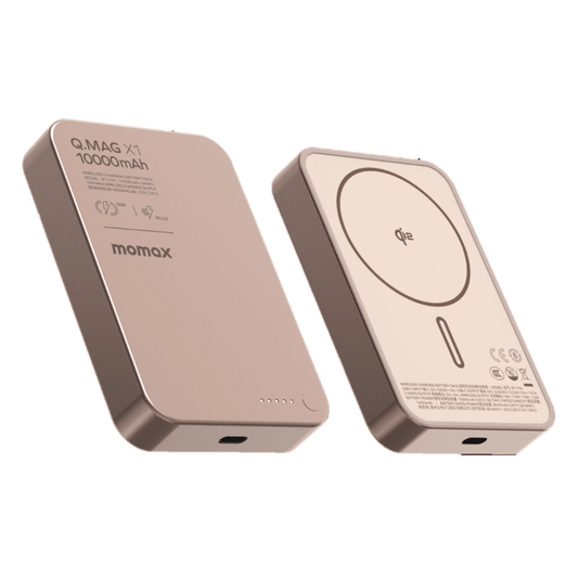 Two rose gold power banks with 'momax' branding on a white background