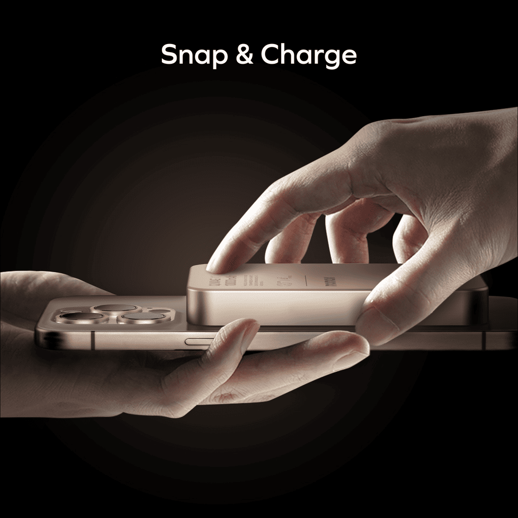 Two hands holding a smartphone with a charging case, labeled 'Snap & Charge'.