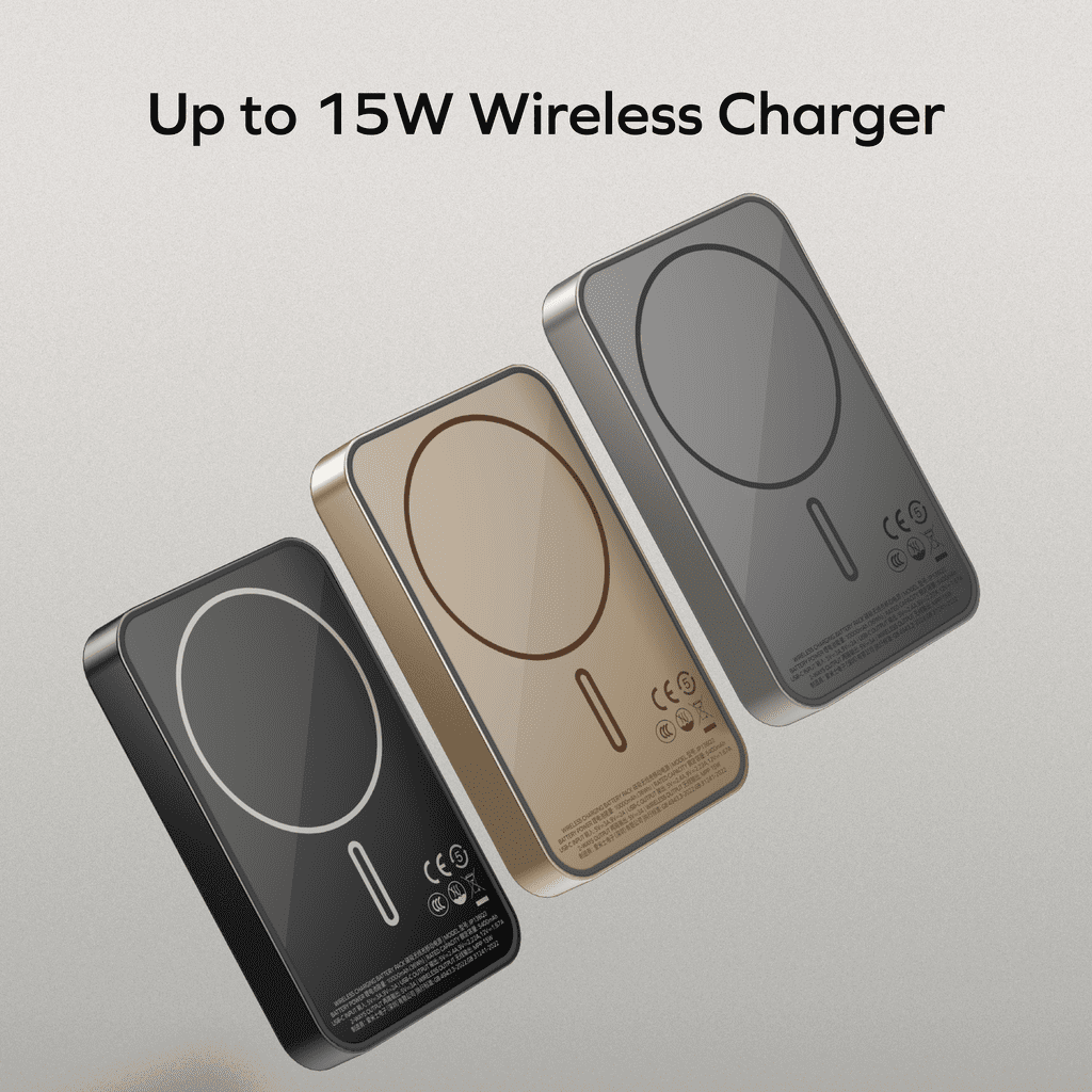 Three wireless chargers in black, gold, and silver on a light gray background with text 'Up to 15W Wireless Charger'.
