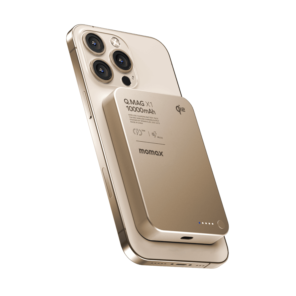 Gold phone case with Q.MAG X1 10000mAh power bank attached on a black background