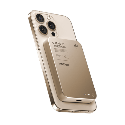 Gold phone case with Q.MAG X1 10000mAh power bank attached on a black background