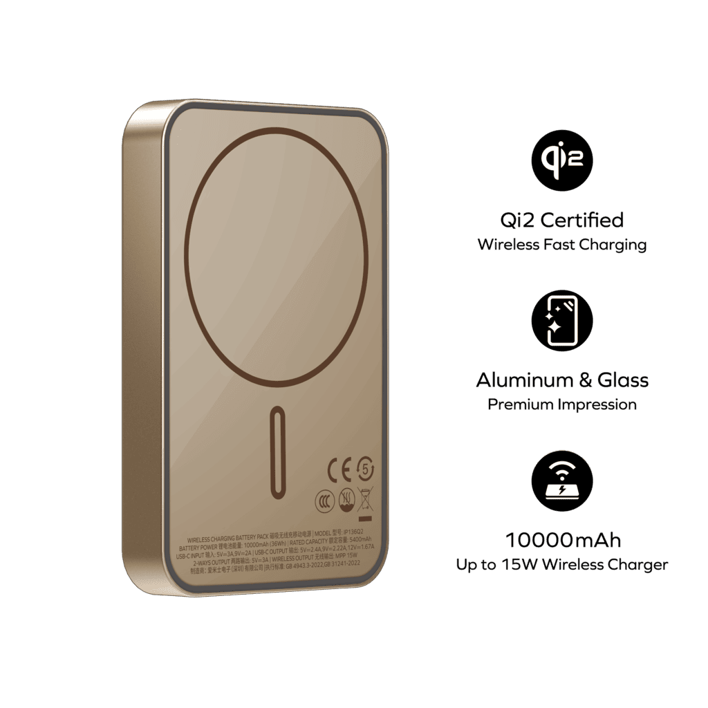 Wireless charging pad with QI2 certification on a green background