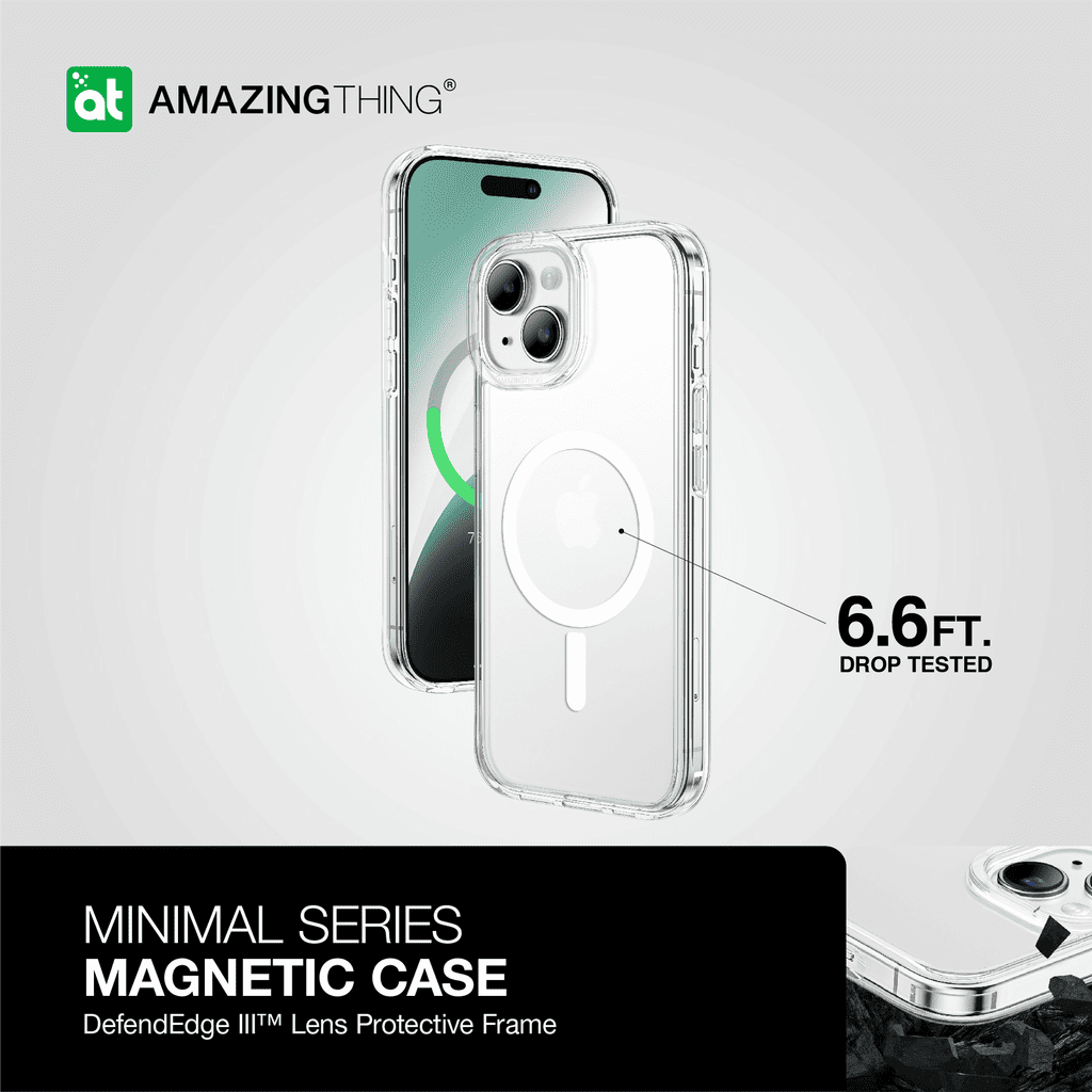 Clear phone case with magnetic feature and drop test information on a white background, featuring the Amazing Thing brand.