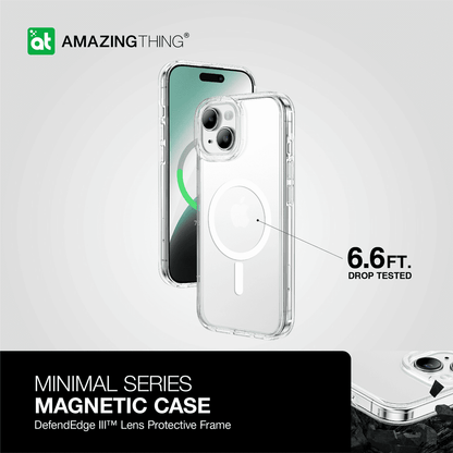 Clear phone case with magnetic feature and drop test information on a white background, featuring the Amazing Thing brand.