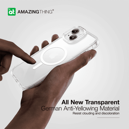 Hand holding a clear phone case with 'Amazing Thing' branding on a white background