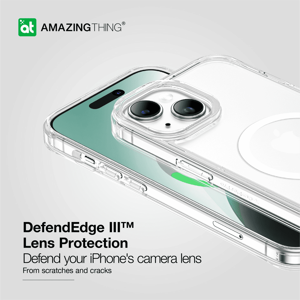 Phone case with camera lens protection on a light gray background, featuring the Amazing Thing brand.