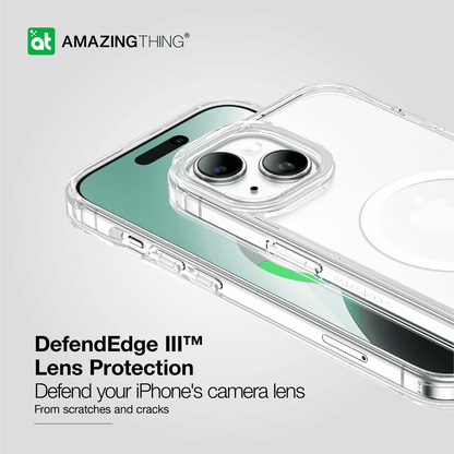 Phone case with camera lens protection on a light gray background, featuring the Amazing Thing brand.