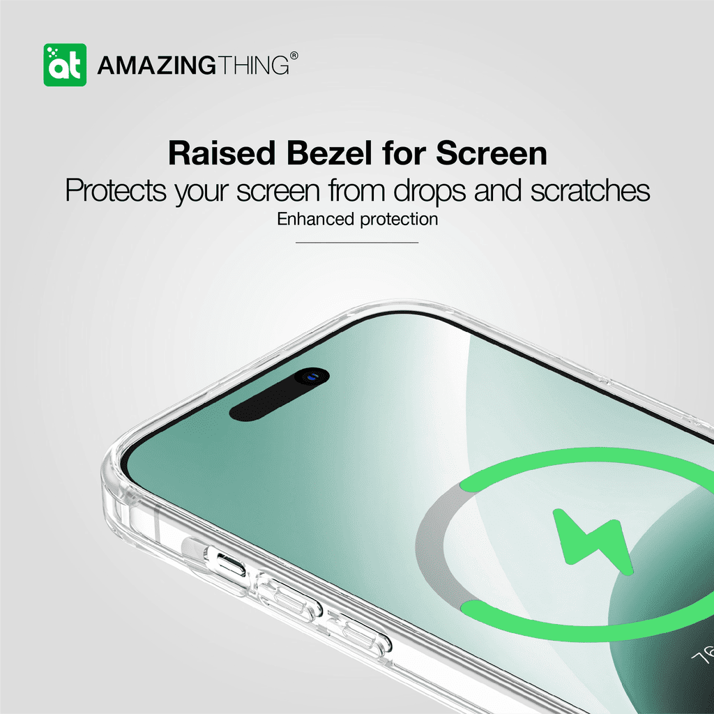 Phone case with raised bezel for screen protection, featuring the 'Amazing Thing' brand.