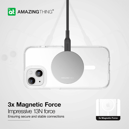 Phone case with magnetic force feature on a white background, featuring the Amazing Thing brand.