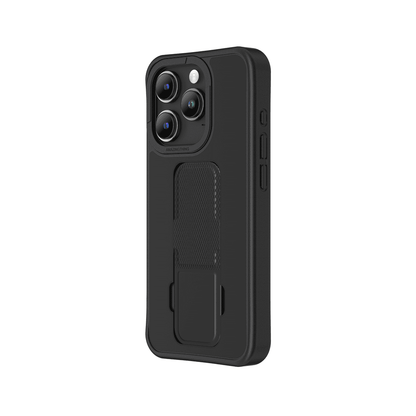 Black phone case with a stand feature on a white background