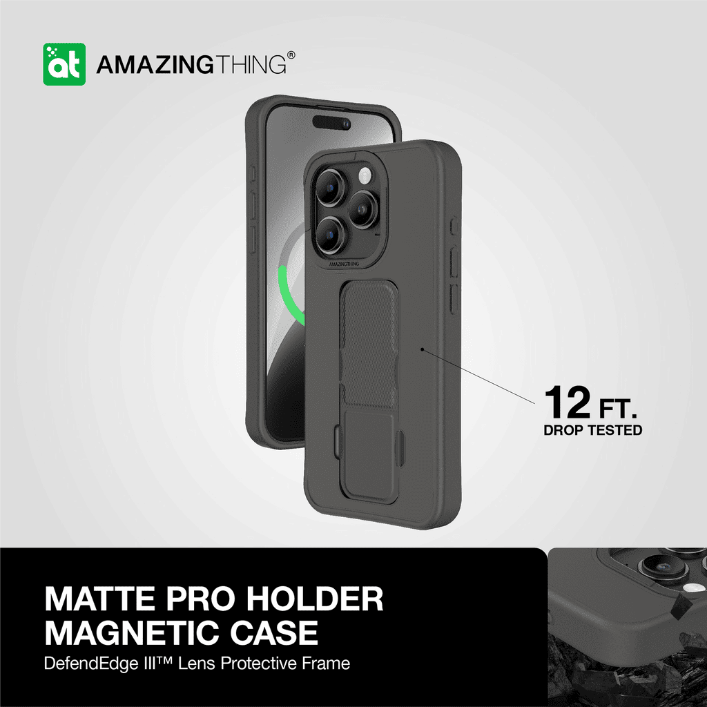 Phone case with 'Amazing Thing' branding on a gray background