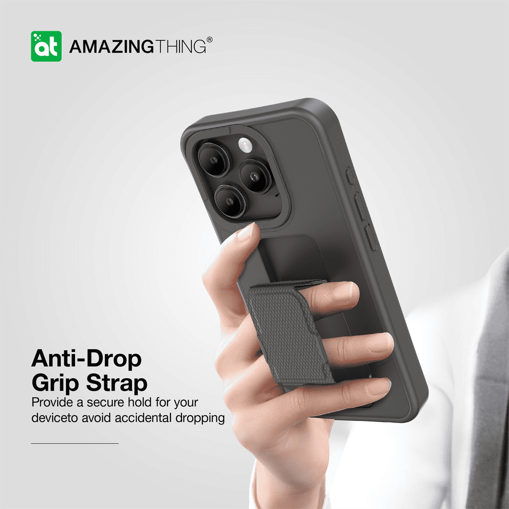 Phone case with anti-drop grip strap held by a hand, featuring the 'Amazing Thing' brand.