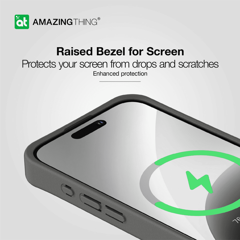 Phone case with raised bezel for screen protection, featuring the Amazing Thing logo.
