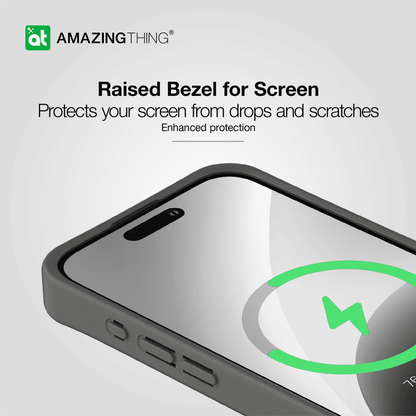 Phone case with raised bezel for screen protection, featuring the Amazing Thing logo.
