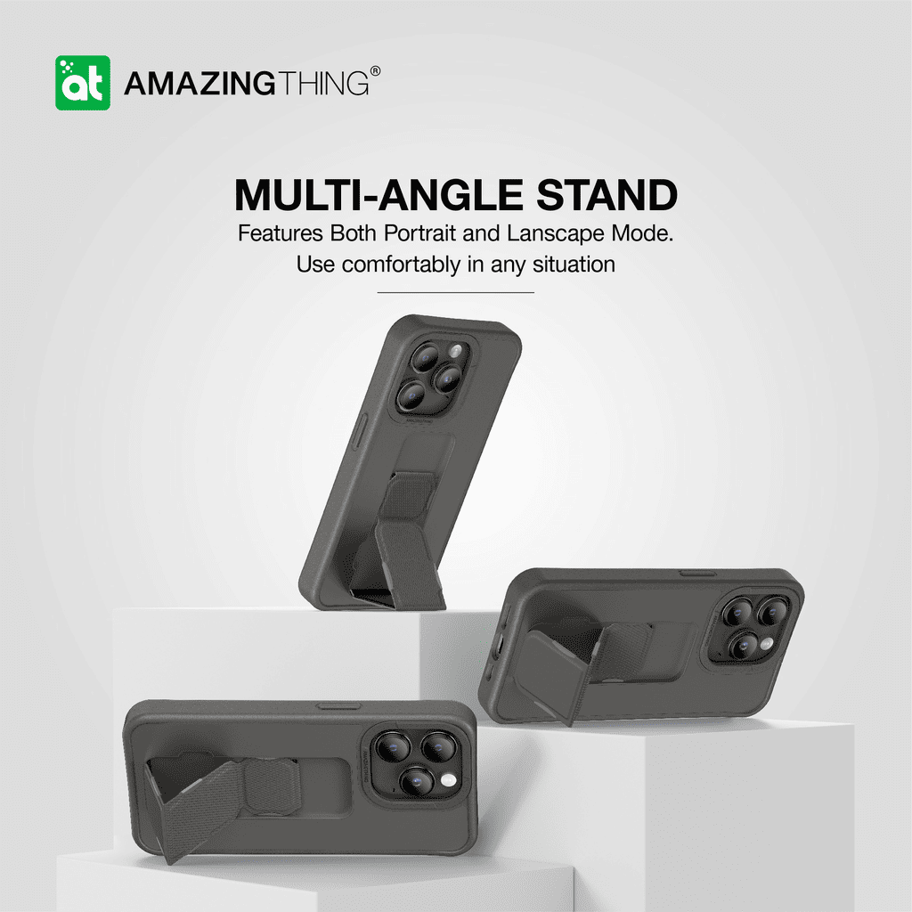 Phone case with multi-angle stand feature on a white background, featuring the 'Amazing Thing' brand.