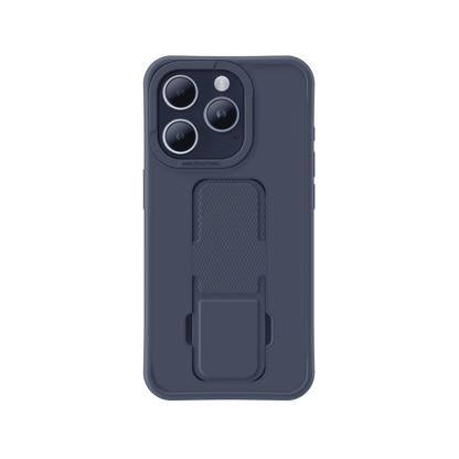 Dark blue phone case with a stand feature on a white background