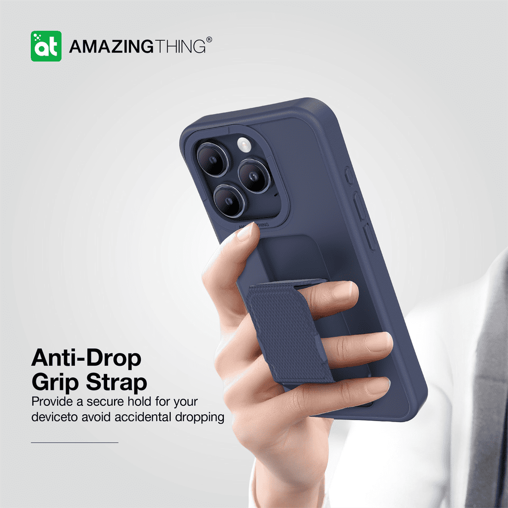 Blue phone case with anti-drop grip strap held by a hand, featuring the 'Amazing Thing' brand.