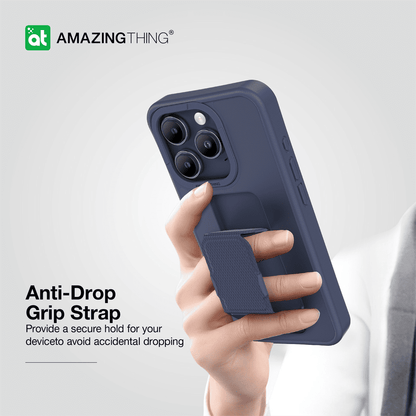 Blue phone case with anti-drop grip strap held by a hand, featuring the 'Amazing Thing' brand.