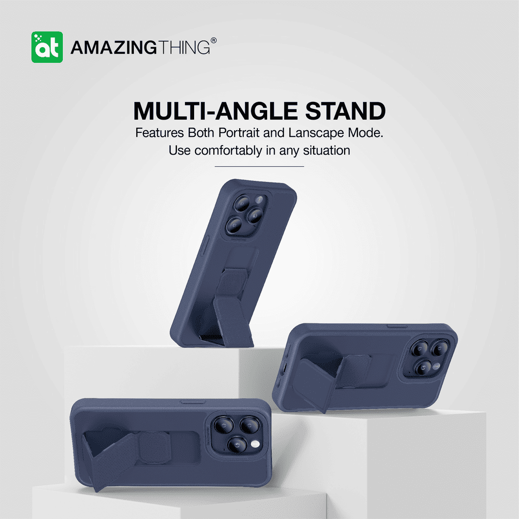 Blue phone case with multi-angle stand feature on a white background, featuring the 'Amazing Thing' brand.