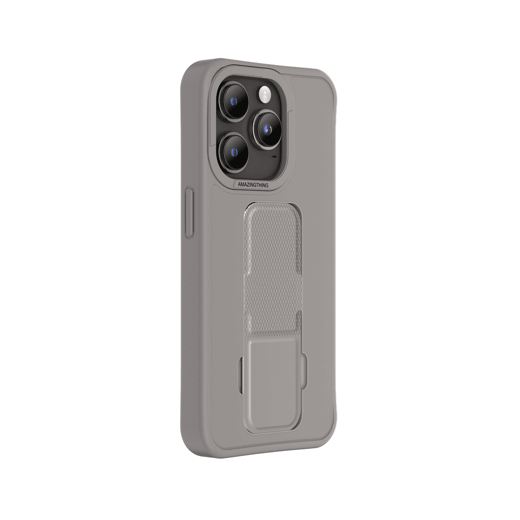 Gray phone case with a stand feature on a white background