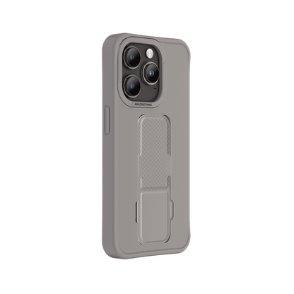 Gray phone case with a stand feature on a white background