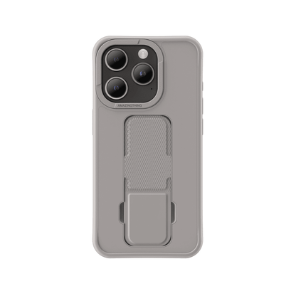 Gray phone case with a stand feature on a white background