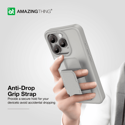 Phone case with grip strap held by a hand, featuring the 'Amazing Thing' brand.