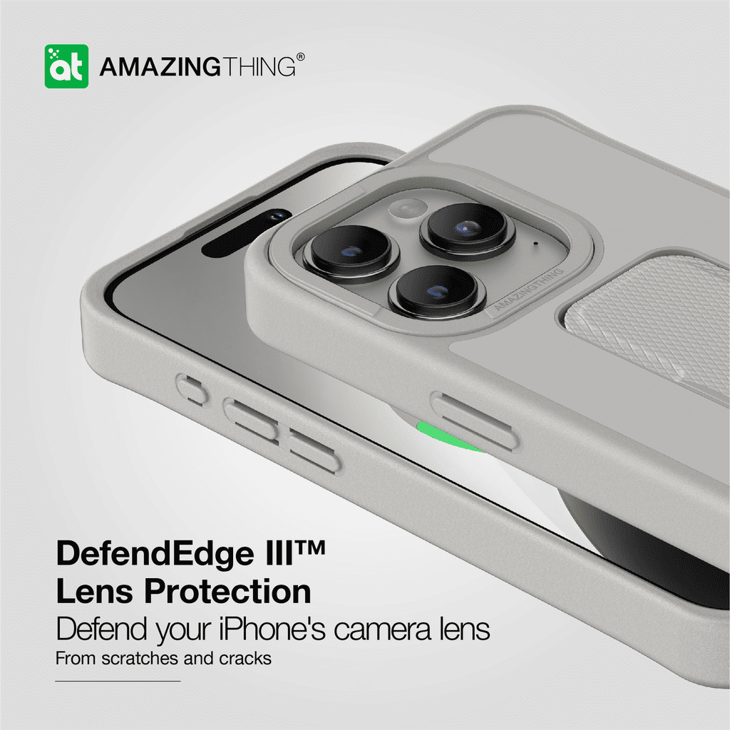 Phone case with camera lens protection feature on a light gray background