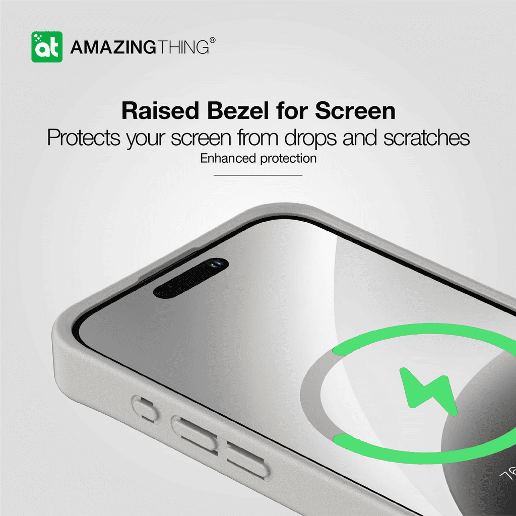 Phone case with raised bezel for screen protection, featuring the 'Amazing Thing' brand.