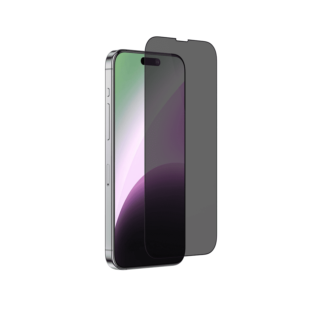 Smartphone with a dark screen protector on a white background