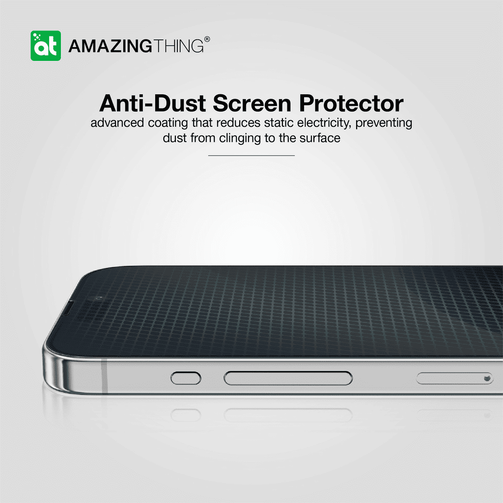 Phone with anti-dust screen protector on a white background, featuring the Amazing Thing logo.