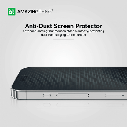 Phone with anti-dust screen protector on a white background, featuring the Amazing Thing logo.