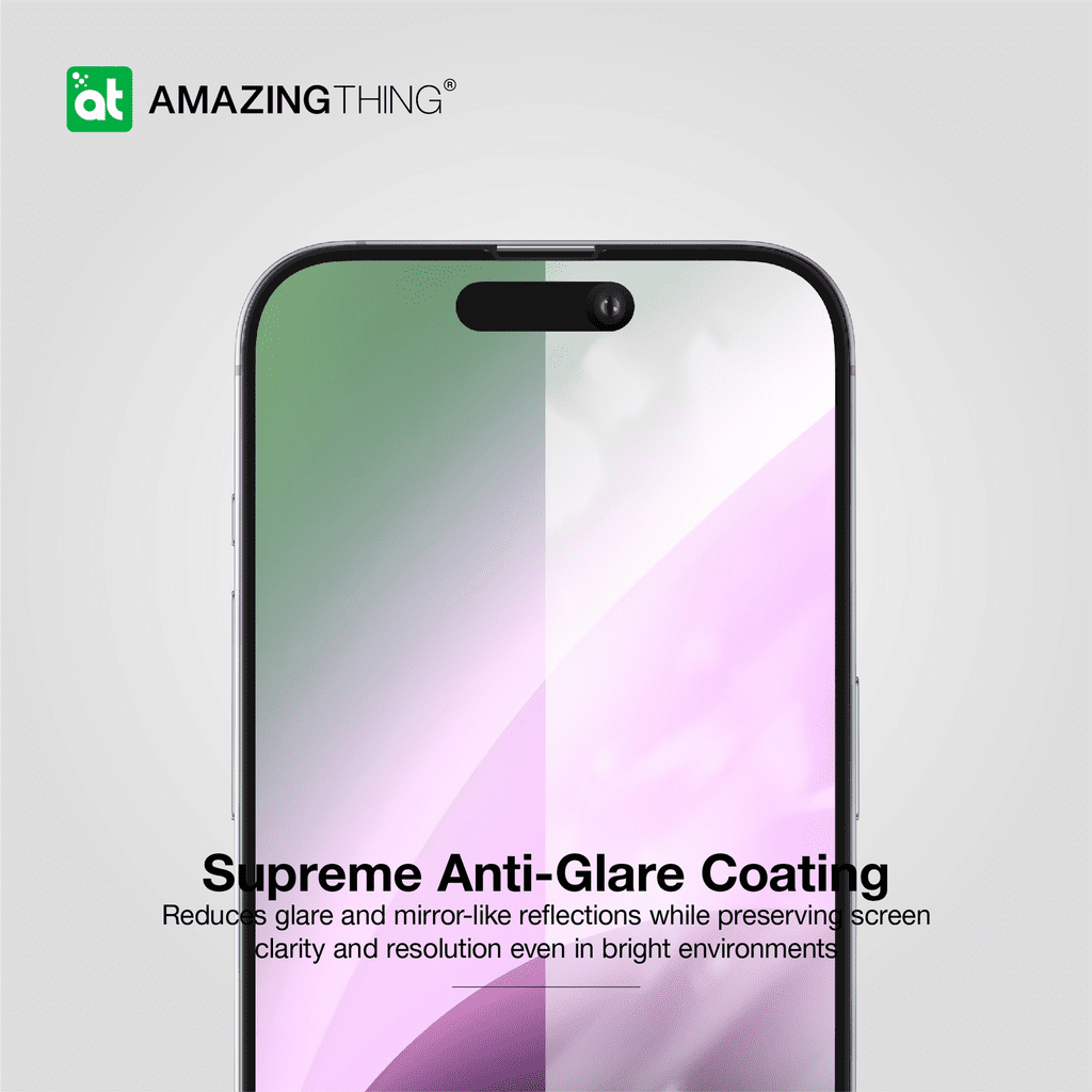 Smartphone with screen protector labeled 'Supreme Anti-Glare Coating' by Amazing Thing on a light gray background.