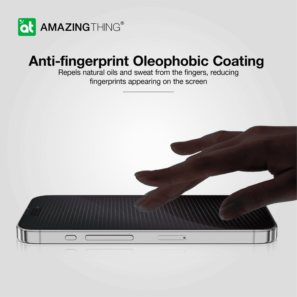 Phone with hand touching screen, featuring 'Amazing Thing' anti-fingerprint oleophobic coating text.