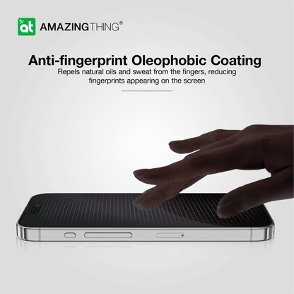 Phone with hand touching screen, featuring 'Amazing Thing' anti-fingerprint oleophobic coating text.