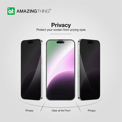 Smartphone with privacy screen protector on a gray background, featuring the 'Amazing Thing' brand.
