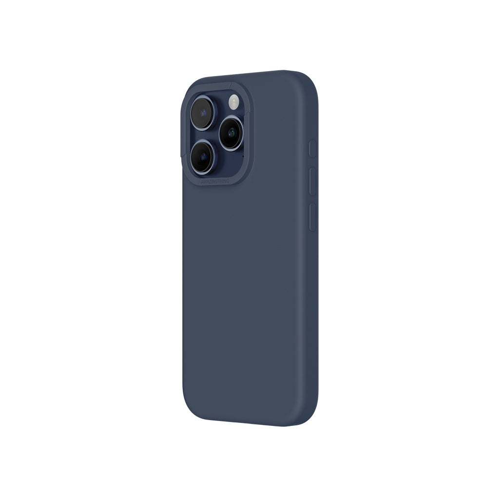 A blue silicone phone case for iPhone 15 Pro with MagSafe compatibility, designed for drop protection.