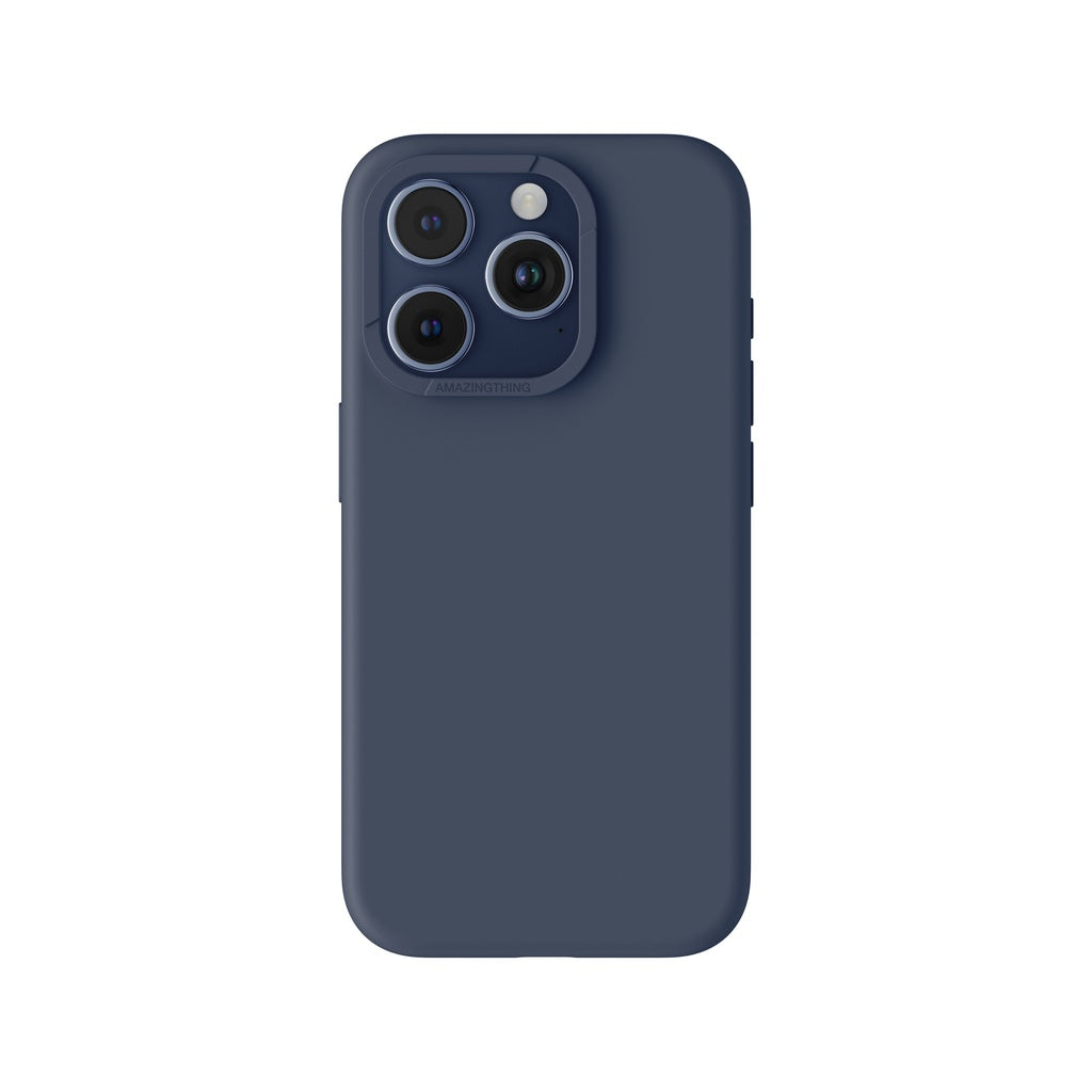 A blue silicone phone case for iPhone 15 Pro with MagSafe compatibility, designed for drop protection.